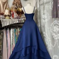 A Line Straps Navy Blue Long Prom Dress With Beading - Thumbnail 1
