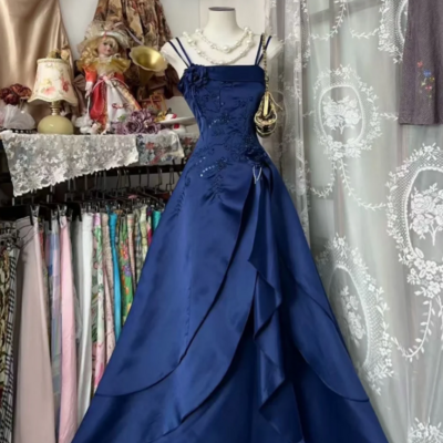 A line straps navy blue long prom dress with beading - Thumbnail 3