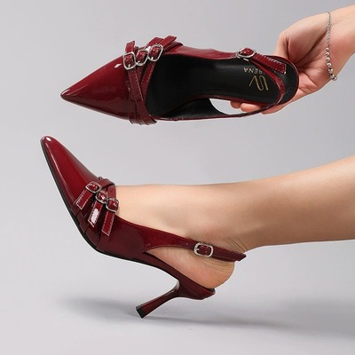 Burgundy patent leather slingback heels