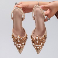 Elegant pearls and rhinestones pointed-toe slingback heels - Thumbnail 1