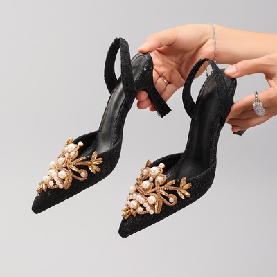 Elegant pearls and rhinestones pointed-toe slingback heels