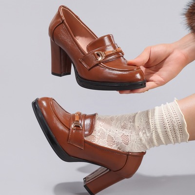 Vintage-style brown chunky heel loafers