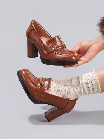 Vintage-style brown chunky heel loafers