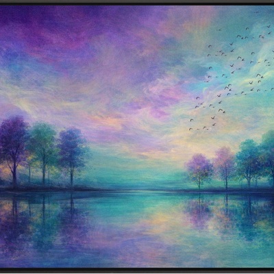 Colorful twilight forest reflection landscape art print