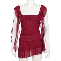 Sexy Red Ruffled Mesh Dress - Thumbnail 5