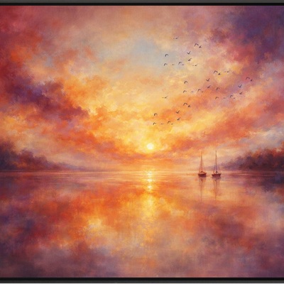 Sunset sailboats seascape art print