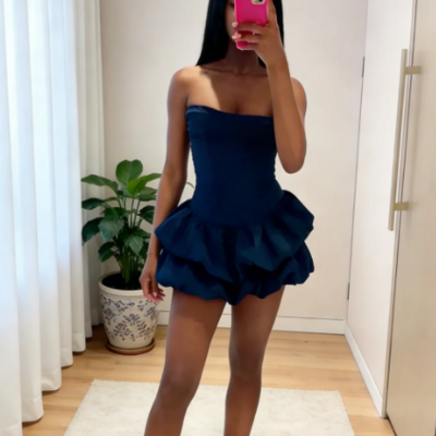 Cute strapless navy blue stain short homecoming dresses