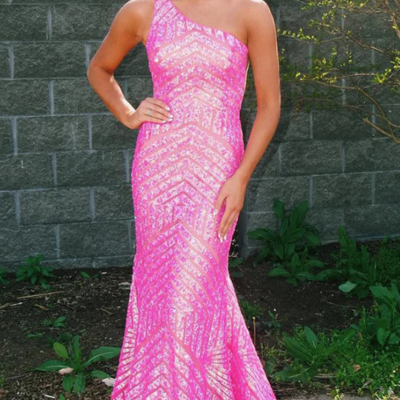 One shoulder hot pink sequin prom dress mermaid evening dress - Thumbnail 2