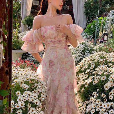 Romantic a line off shoulder ruffle floral prom dress
