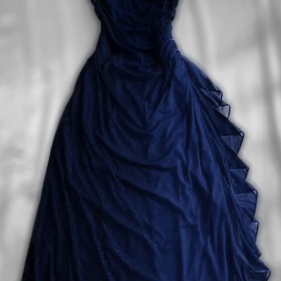 Simple a line navy blue chiffon ruffle long prom dresses