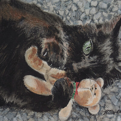 "my bear" artwork featuring cats and animals, black cat art, 5x7 inch original artwork by n.e.thompson