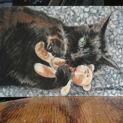 "my bear" artwork featuring cats and animals, black cat art, 5x7 inch original artwork by n.e.thompson