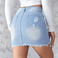 Solid Color Slim Fit Perforated Denim Skirt - Thumbnail 2
