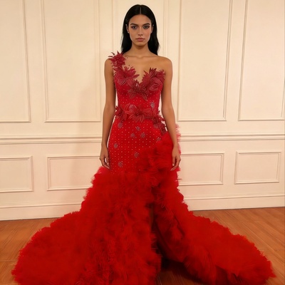 Red ball gown tiered african girls prom dress beaded appliques evening formal gowns