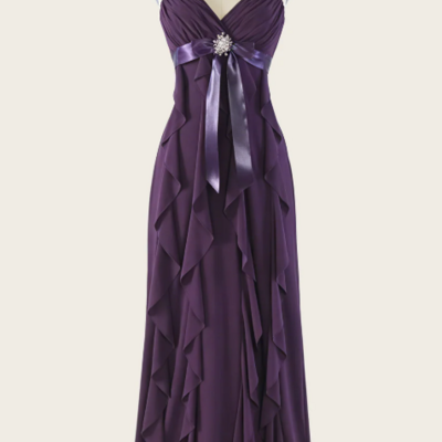 A line purple chiffon ruffle evening dresses party gown