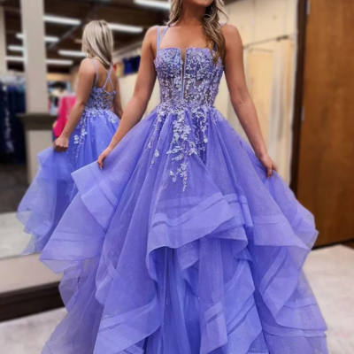 Elegant a line lilac tulle applique long prom dresses