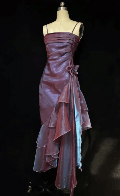 Spaghetti Strap Purple Ruffled Prom Dresses Formal Evening Dresses