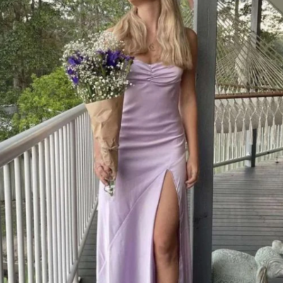 Spaghetti strap lilac a line prom dress with slit - Thumbnail 1