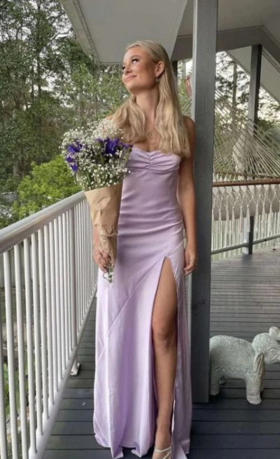 Spaghetti Strap Lilac A Line Prom Dress With Slit