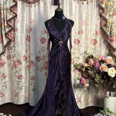 Halter purple front split prom dresses long evening dress