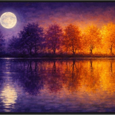 Moonlit autumn lake wall art print – colorful night landscape decor