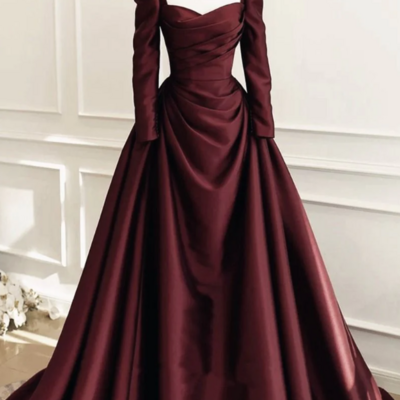Vintage a line burgundy long sleeves satin prom dress - Thumbnail 3