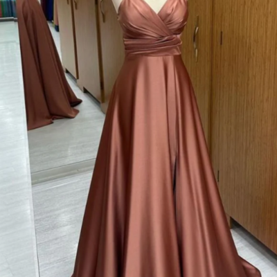 Simple straps v neck a line long formal evening dresses - Thumbnail 1