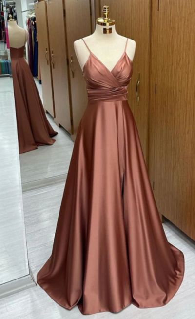 Simple Straps V Neck A Line Long Formal Evening Dresses