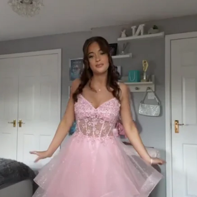 Princess a line straps pink tulle long prom dresses - Thumbnail 2