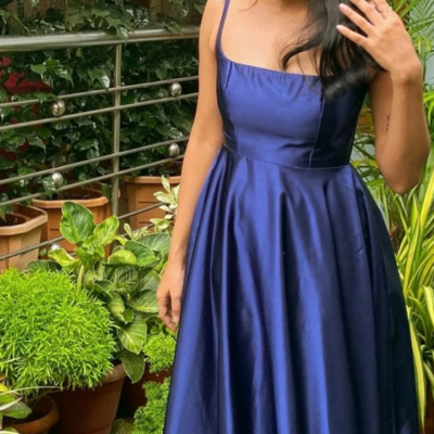 Simple royal blue a line satin prom evening dresses 
