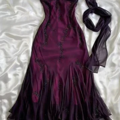Vintage halter dark purple ruffled prom dress beaded evening dress