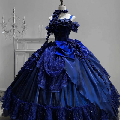 Vintage off shoulder royal blue ruffled ball gown party dresses