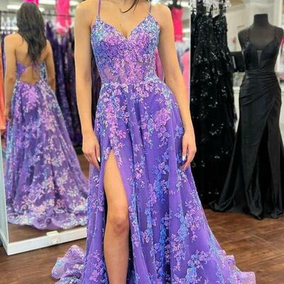 Spaghetti straps v-neck lace appliques empire-waist prom dress with slit