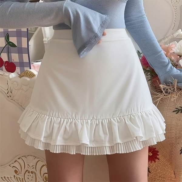 White Double Layer Ruffle Mini Skirt - Pleated Hem High Waist Skirt
