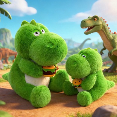 Green dinosaur holding hamburger plush toy