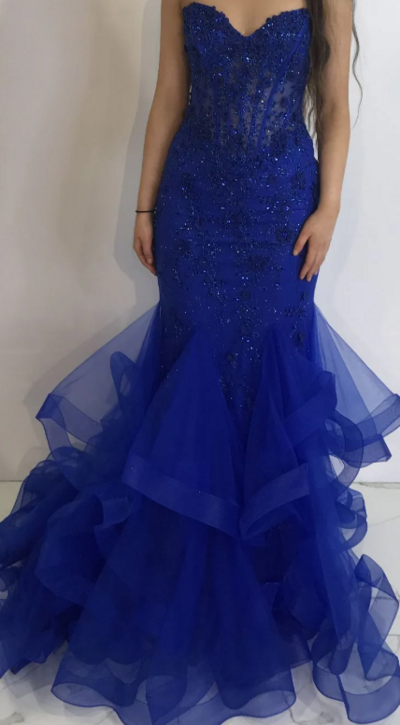 Sweetheart Royal Blue Tulle Prom Dress With Lace Appliques