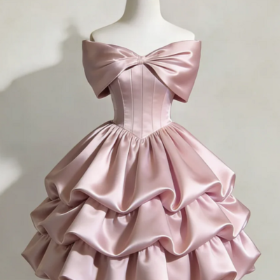 Cute off shoulder pink stain short prom dresses