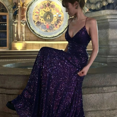 Spaghetti straps purple sequin a line prom dresses