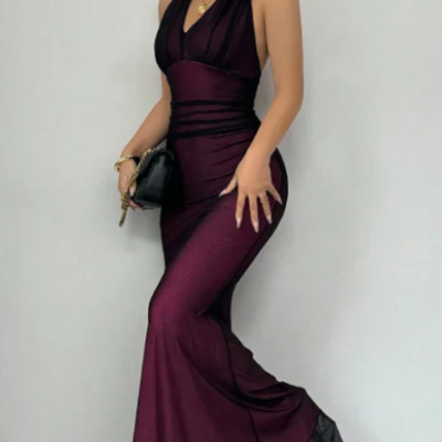Sexy halter purple chiffon low back prom dress