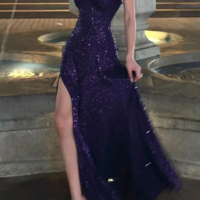 Spaghetti Straps Purple Sequin A Line Prom Dresses - Thumbnail 1