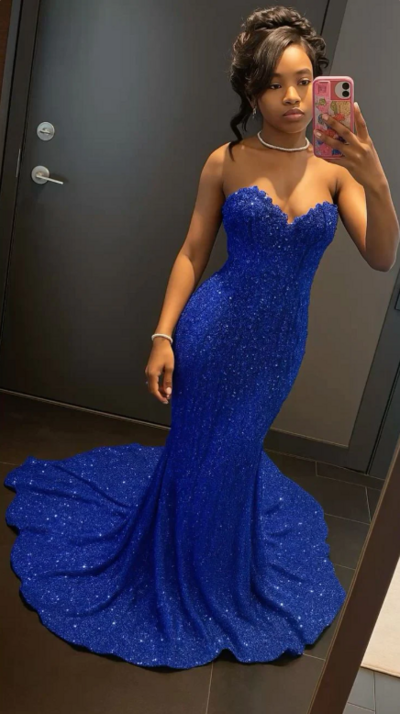 Mermaid Royal Blue Sequin Long Prom Dresses Formal Evening Dresses