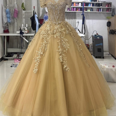 Gold tulle sequins long prom formal dress