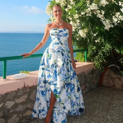 A-line strapless blue printed split prom dresses - Thumbnail 2