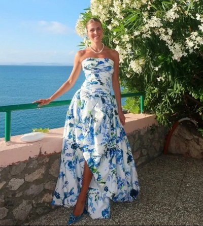 A-Line Strapless Blue Printed Split Prom Dresses