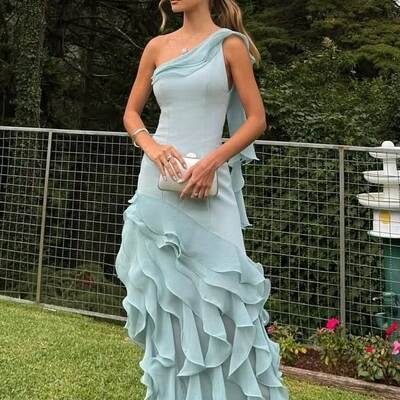 Blue sheath prom dresses one shoulder tiered high school dance party dress
