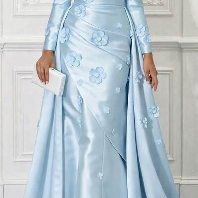 Blue handmade flowers prom dresses evening formal party dress