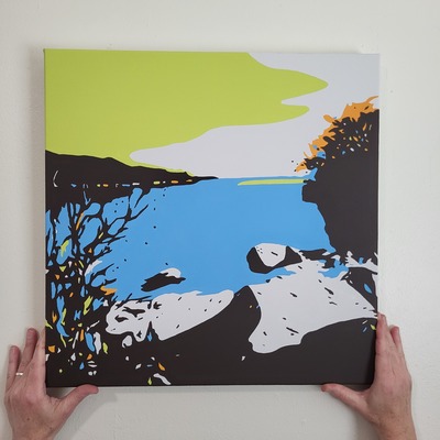 Shoreline with green and blue - original painting, square