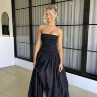 A-Line Elegant Black Strapless Long Prom Dresses With Split - Thumbnail 1