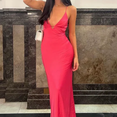 Simple v-neck straps prom dress long sheath evening dress - Thumbnail 2