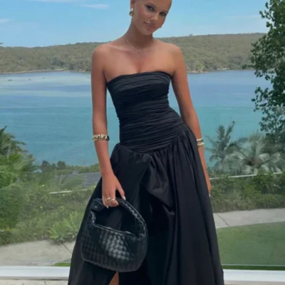 A-line elegant black strapless long prom dresses with split